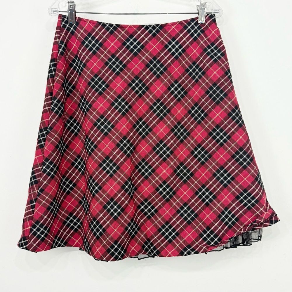 Hanna Anderson Red Black Plaid Sheer Ruffle Hem A Line Holiday Winter Skirt